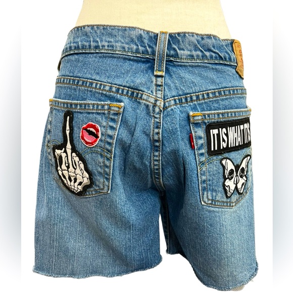 Levi’s 515 Vintage Custom Denim Shorts Punk Patchwork | Women’s 10 - Picture 2 of 13